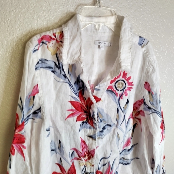 Chico's Linen Floral Fringe Shirt Sz M - Picture 3 of 10